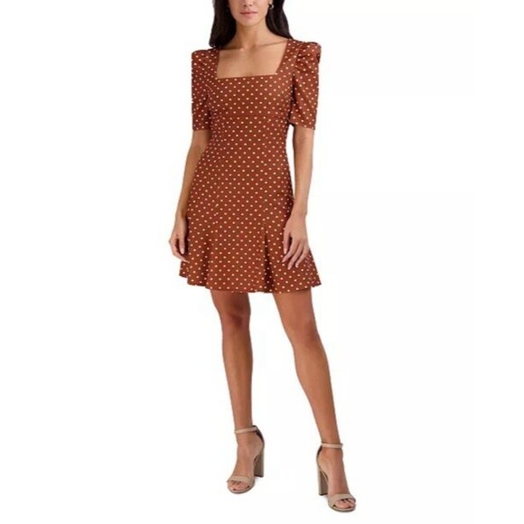 BCBGeneration Size 8 Brown Polka Puff Sleeve Mod Retro Mini Dress Fit & Flare - Picture 1 of 11
